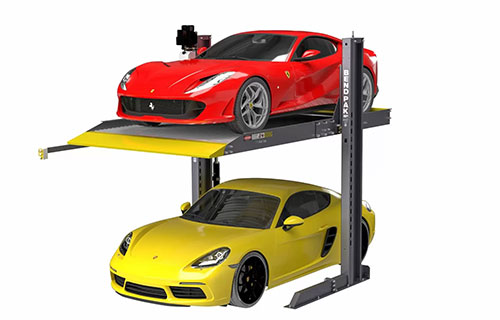 A rendering of a parking lift with two vehicles