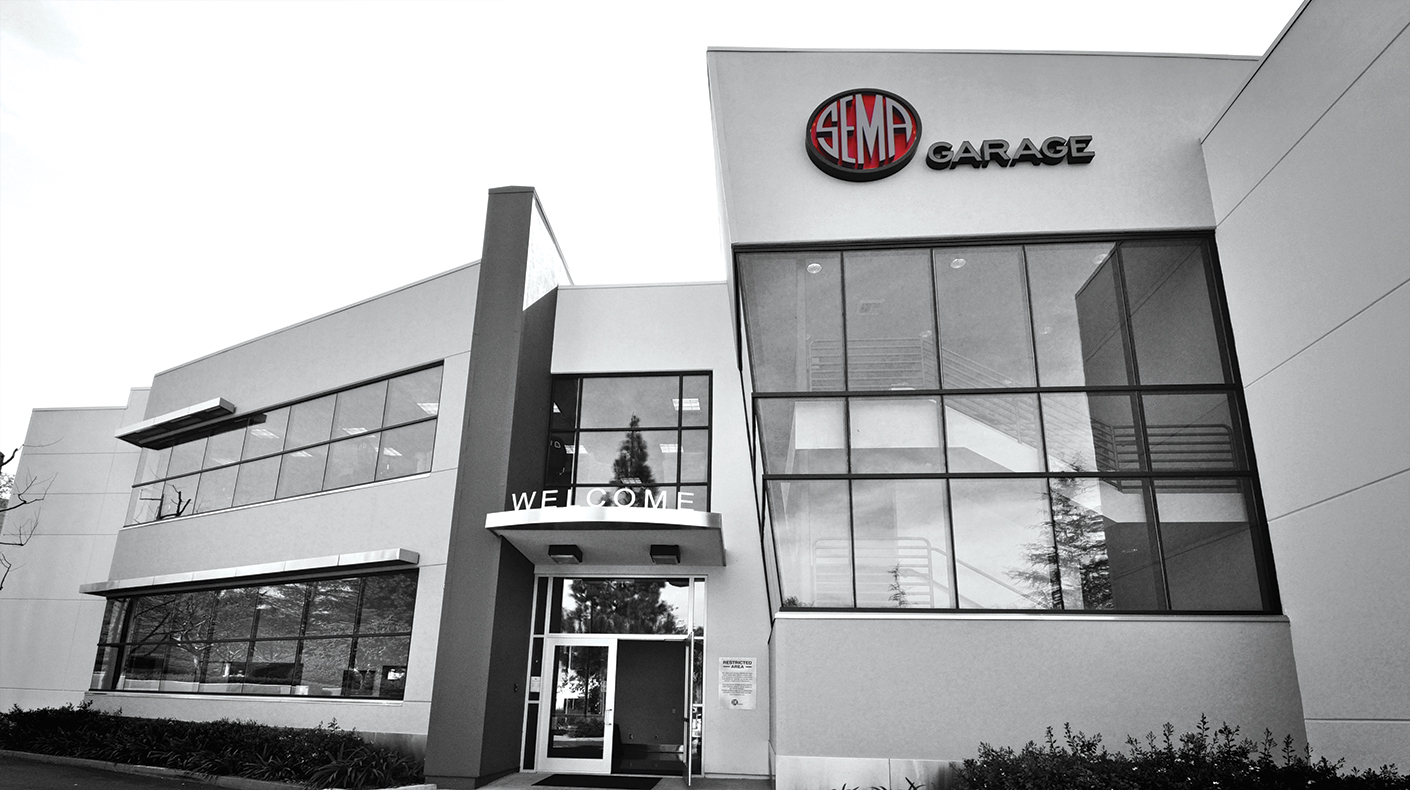 An exterior shot of the SEMA Garage in Diamond Bar, California.